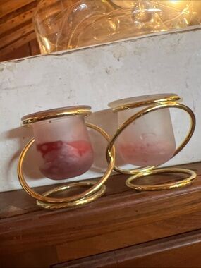 Vintage Gold Spiral Double Tea Light Holders with Frosted Pink Glass Cups